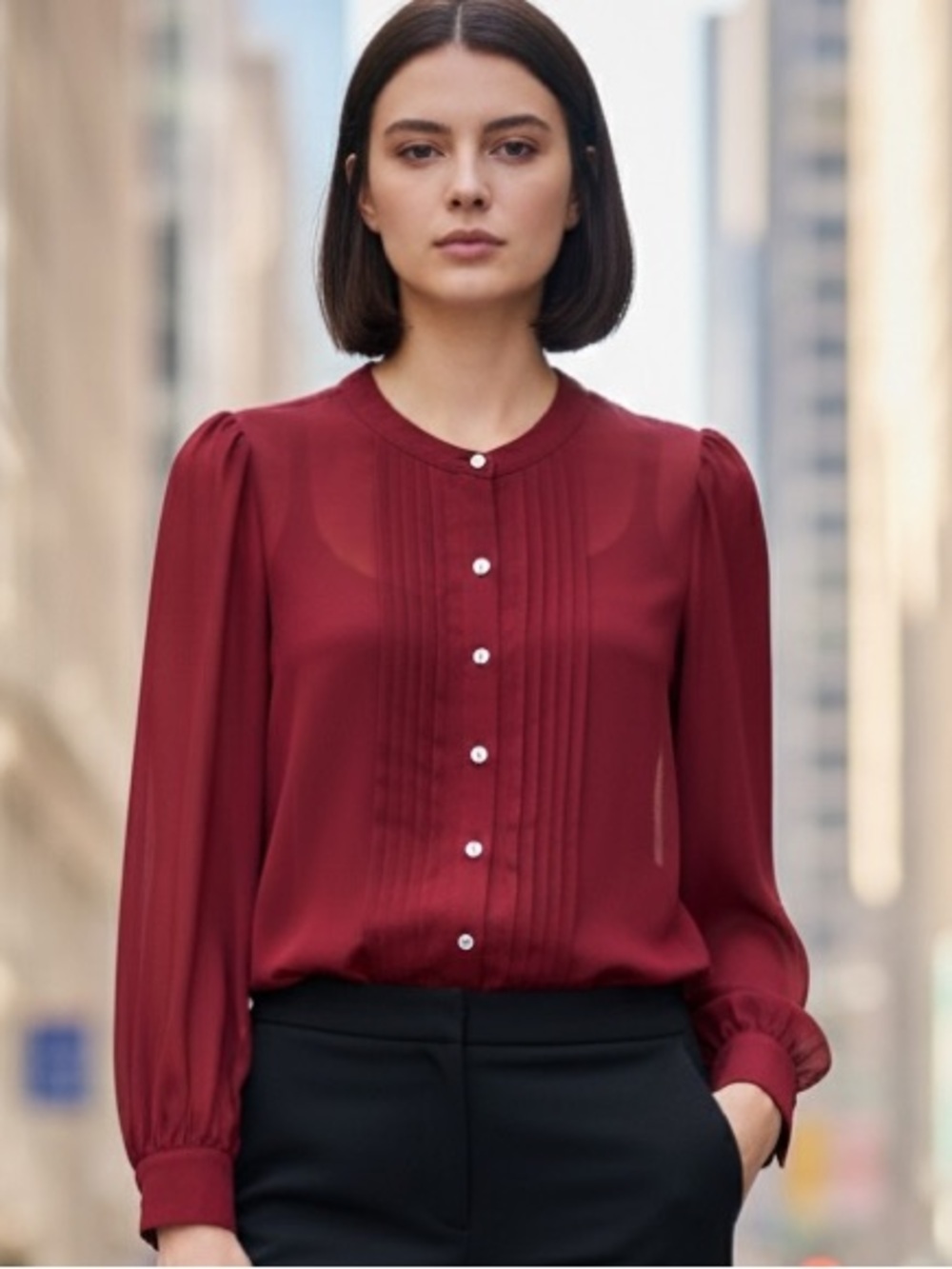 Calvin Klein Burgundy Button-Front Long Sleeve Blouse